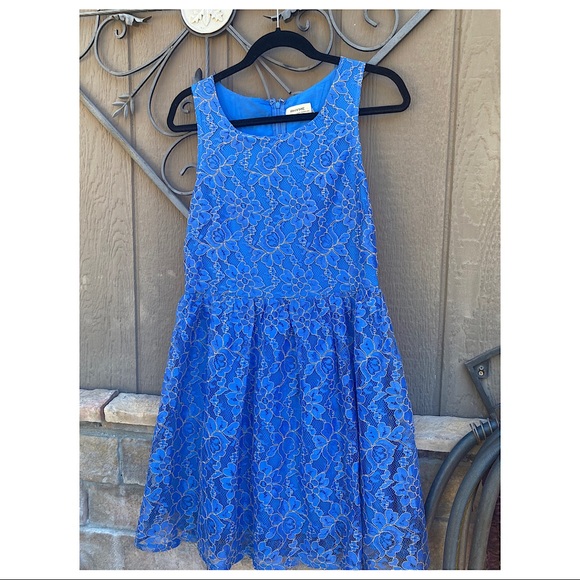 NWOT-Rhyme Los Angeles-Sz-M-blue & gold floral lace overlay dress - Picture 3 of 5